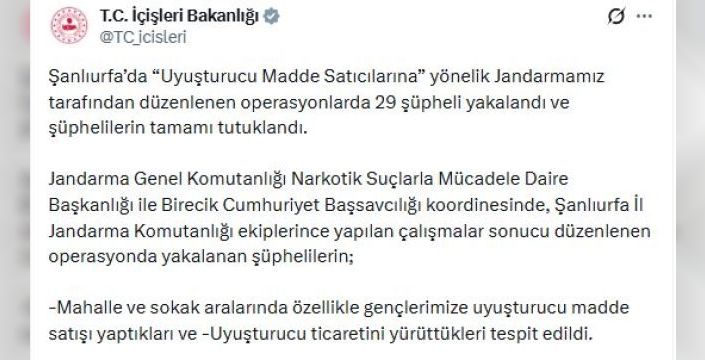 Şanlıurfa'da uyuşturucu operasyonu: 29 tutuklandı