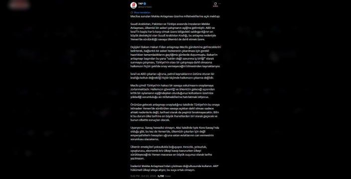 TKP'den milletvekillerine Mekke Anlaşması mektubu