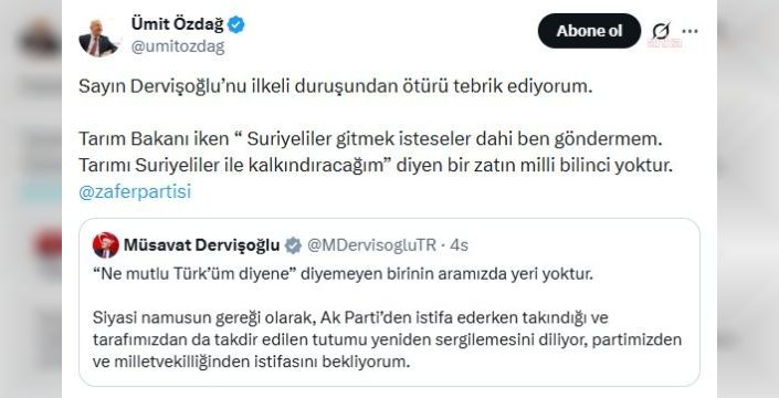 Ümit Özdağ'dan Dervişoğlu'na tebrik mesajı