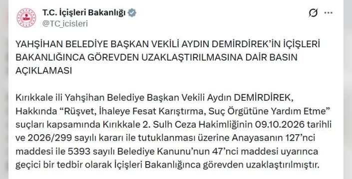 Yahşihan Belediye Başkanvekili Aydın Demirdirek görevden alındı